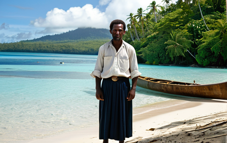 A determined 19th-century Christian missionary, fully clothed in modest, period-appropriate attire, standing on a pristine tropical beach in the Solomon Islands. In the background, a glimpse of lush jungle and a traditional wooden outrigger canoe. A few fully clothed local Solomon Islanders in respectful traditional attire are observing from a distance with curious expressions. The scene is bathed in natural sunlight, depicting a moment of initial contact. Historical photography style, realistic, high detail, perfect anatomy, correct proportions, natural pose, well-formed hands, proper finger count, natural body proportions, safe for work, appropriate content, modest clothing, family-friendly.