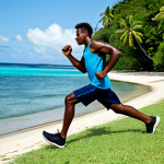 A determined young adult Solomon Islands male athlete, fully clothed in modest sports attire, is training on a rustic, sun-drenched coastal ground. The edge of the field shows subtle signs of high tide, with calm water gently touching the grassy area. He is performing a running drill with intense focus. The background features lush tropical greenery and the clear blue Pacific Ocean under a bright sky. The atmosphere is one of resilience and unyielding spirit. safe for work, appropriate content, fully clothed, professional, perfect anatomy, correct proportions, natural pose, well-formed hands, proper finger count, natural body proportions, professional photography, high resolution.