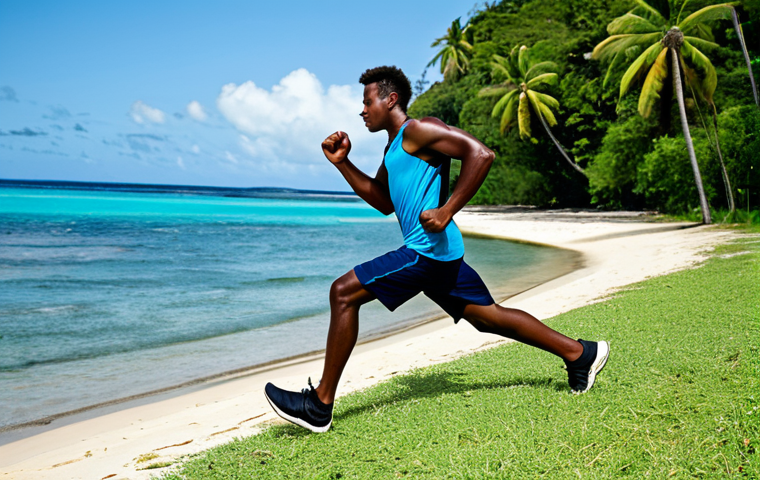 A determined young adult Solomon Islands male athlete, fully clothed in modest sports attire, is training on a rustic, sun-drenched coastal ground. The edge of the field shows subtle signs of high tide, with calm water gently touching the grassy area. He is performing a running drill with intense focus. The background features lush tropical greenery and the clear blue Pacific Ocean under a bright sky. The atmosphere is one of resilience and unyielding spirit. safe for work, appropriate content, fully clothed, professional, perfect anatomy, correct proportions, natural pose, well-formed hands, proper finger count, natural body proportions, professional photography, high resolution.