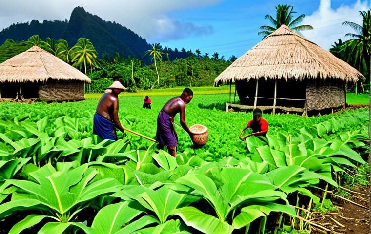 솔로몬 제도 타로 재배 - Taro Harvest in Solomon Islands**

A vibrant scene of Solomon Islanders harvesting taro in a lush, g...