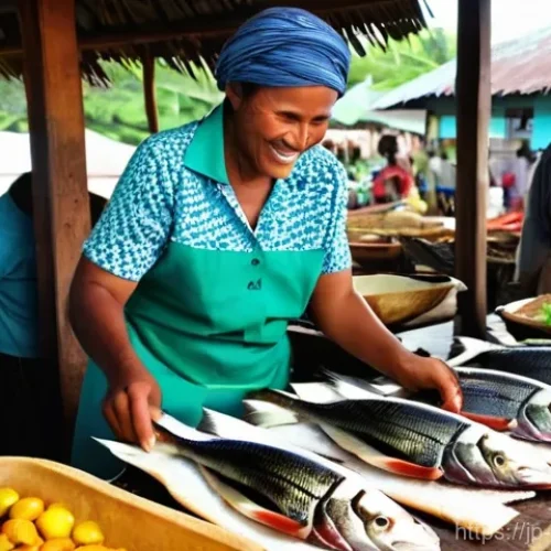 Home 14 솔로몬 제도 지역별 특산물 - **Vibrant Solomon Islands Seafood Market Scene**: A bustling and colorful open-air market in the Sol...
