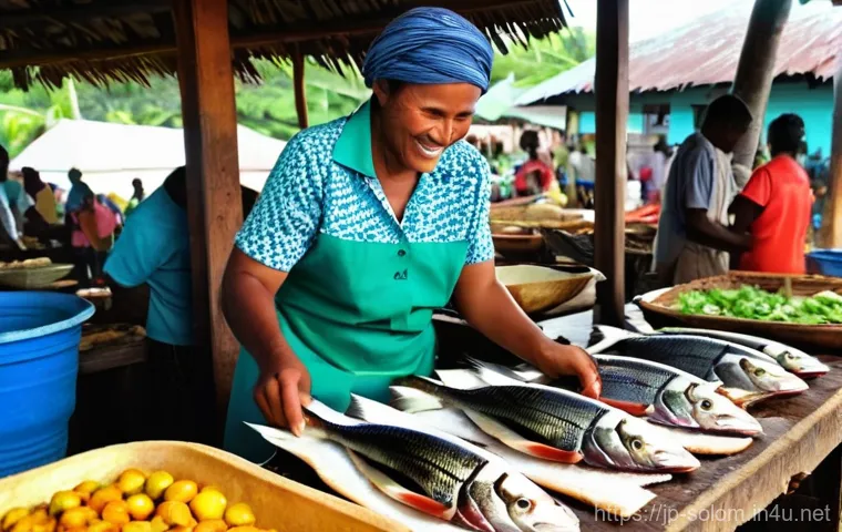 솔로몬 제도 지역별 특산물 - **Vibrant Solomon Islands Seafood Market Scene**: A bustling and colorful open-air market in the Sol...