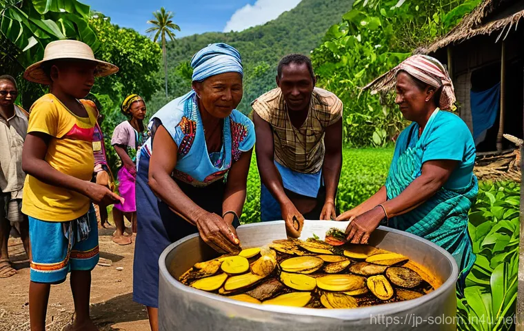 솔로몬 제도 지역별 특산물 - **Vibrant Solomon Islands Seafood Market Scene**: A bustling and colorful open-air market in the Sol...