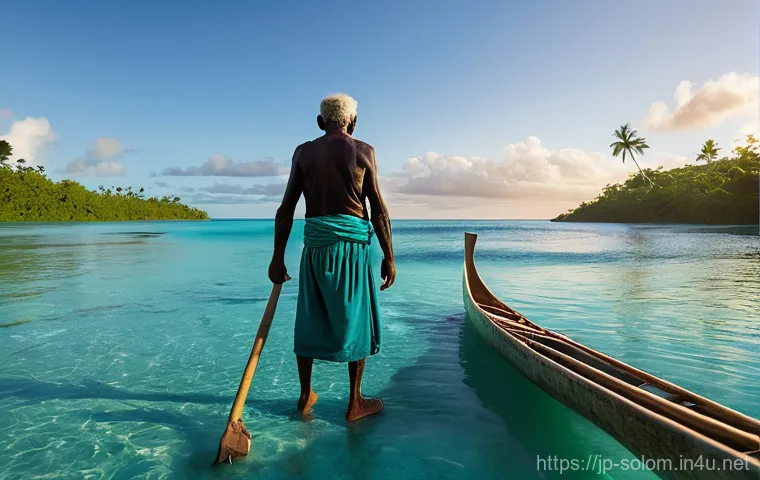 솔로몬 제도 전통 어업 방식 - **Prompt:** A serene scene capturing the deep connection between the people of the Solomon Islands a...