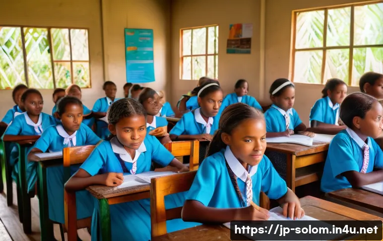 솔로몬 제도 교육 시스템 - A vibrant classroom scene in a rural Solomon Islands school, featuring children aged around 10-12 ye...