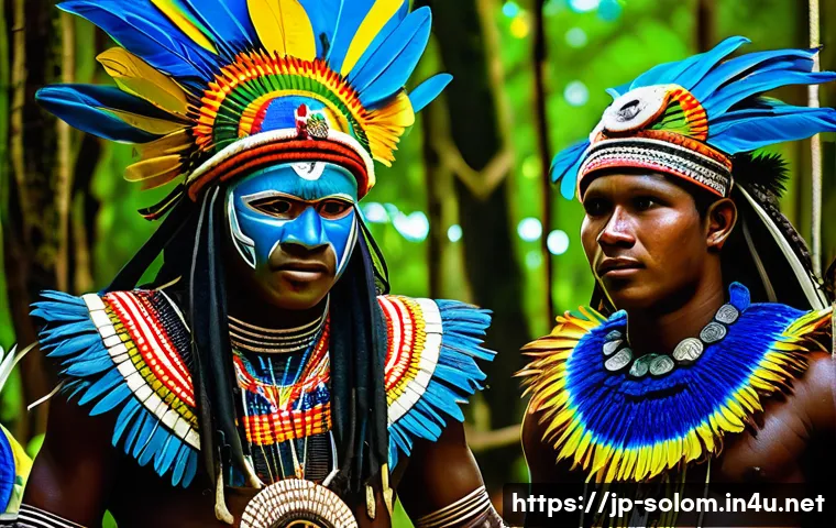 솔로몬 제도 부족 간 신앙 차이 - A vibrant scene of a Solomon Islands tribal festival featuring young people dressed in traditional c...