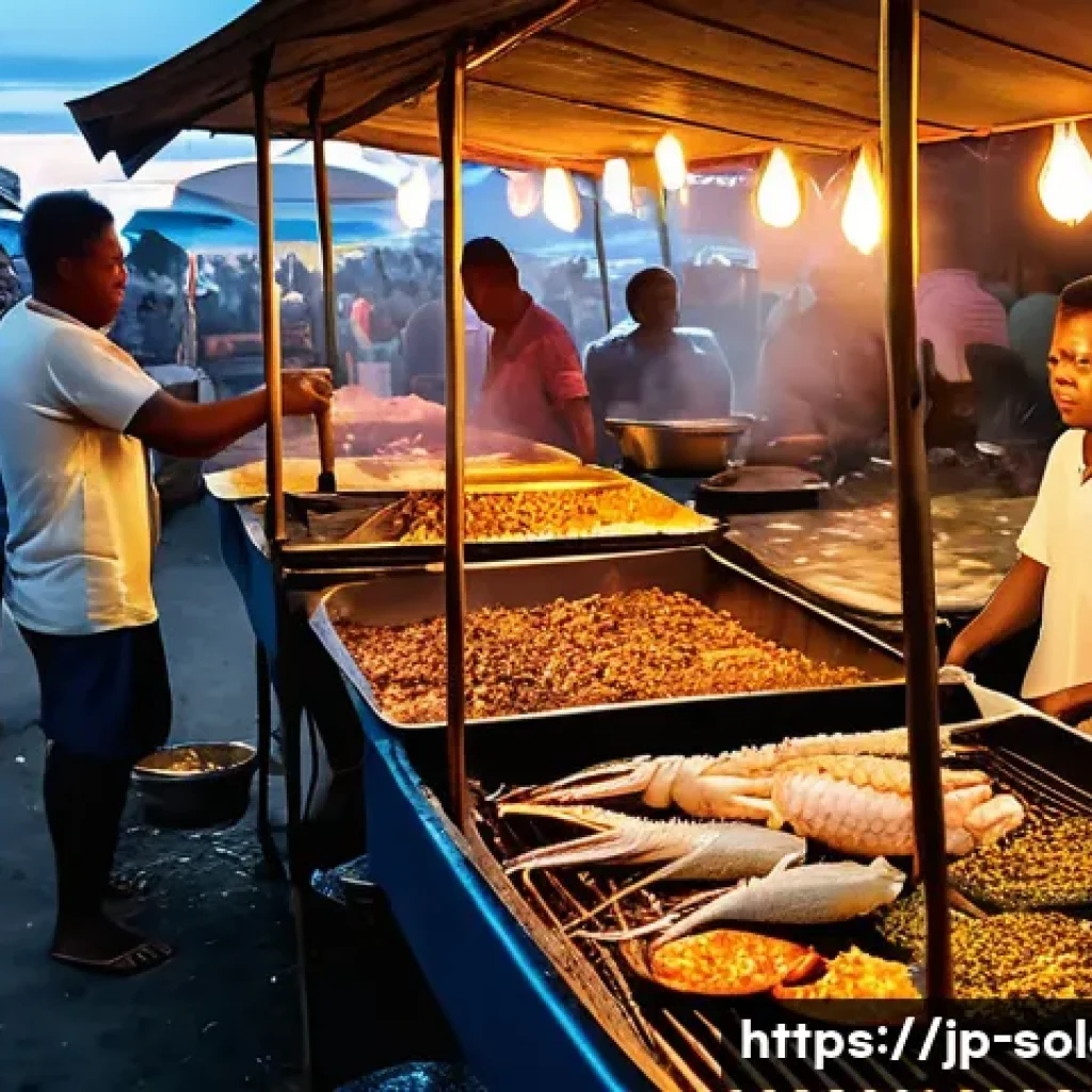 솔로몬 제도 호니아라 야시장 - A vibrant night market scene in Honiara, Solomon Islands, featuring bustling seafood stalls with fre...