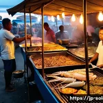 솔로몬 제도 호니아라 야시장 - A vibrant night market scene in Honiara, Solomon Islands, featuring bustling seafood stalls with fre...