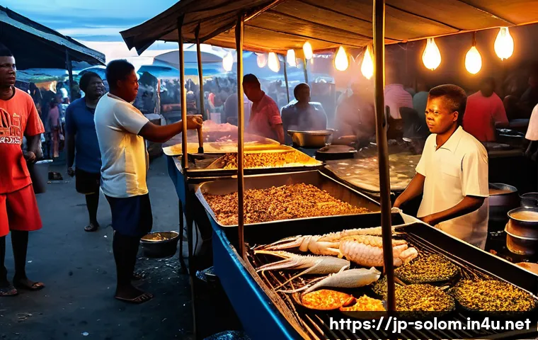 솔로몬 제도 호니아라 야시장 - A vibrant night market scene in Honiara, Solomon Islands, featuring bustling seafood stalls with fre...