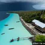 솔로몬 제도 기후 변화 영향 - Photorealistic aerial coastal scene in the Solomon Islands, a small tropical village with stilt hous...