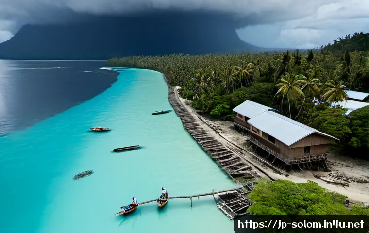 솔로몬 제도 기후 변화 영향 - Photorealistic aerial coastal scene in the Solomon Islands, a small tropical village with stilt hous...