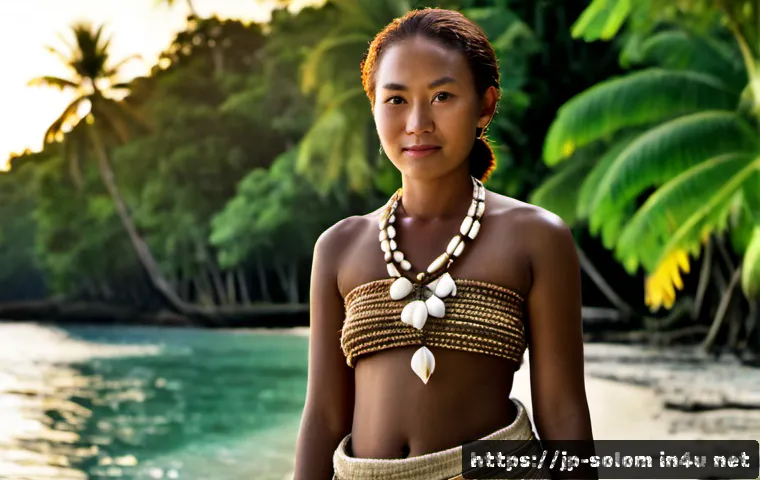 솔로몬 제도 전통 의상 - Photorealistic cultural portrait of a Solomon Islands woman wearing a traditional woven pandanus-fib...
