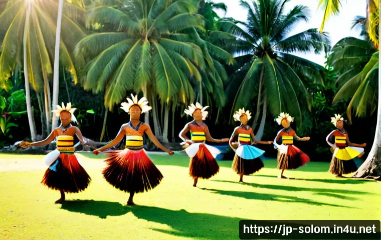 솔로몬 제도 전통 춤 - Photorealistic Solomon Islands traditional dance performance on a sunlit tropical village clearing, ...
