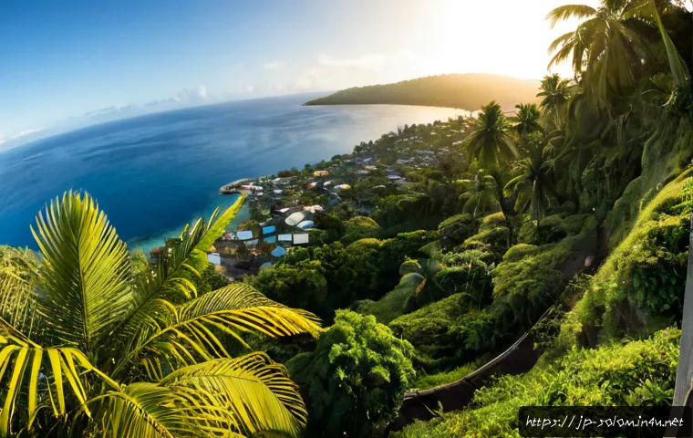 솔로몬 제도 호니아라 - Photorealistic panoramic view of Honiara, Solomon Islands, from a gentle hillside overlooking the bl...