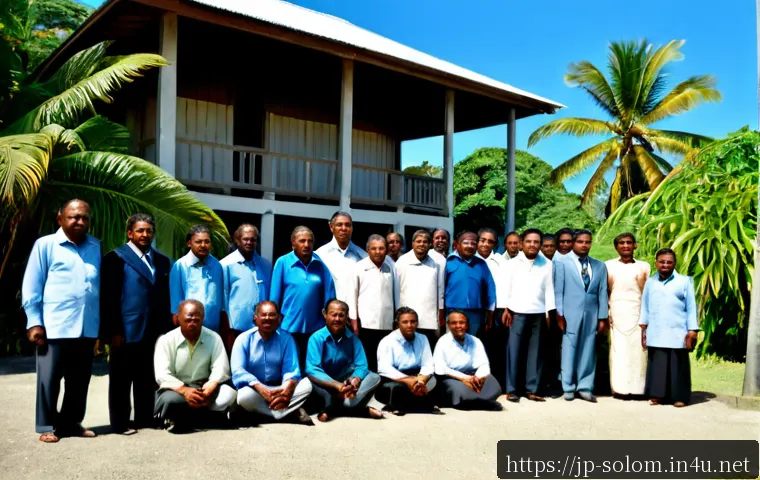 솔로몬 제도 독립 과정 - Photorealistic historical scene of Solomon Islands community leaders and local families gathered out...