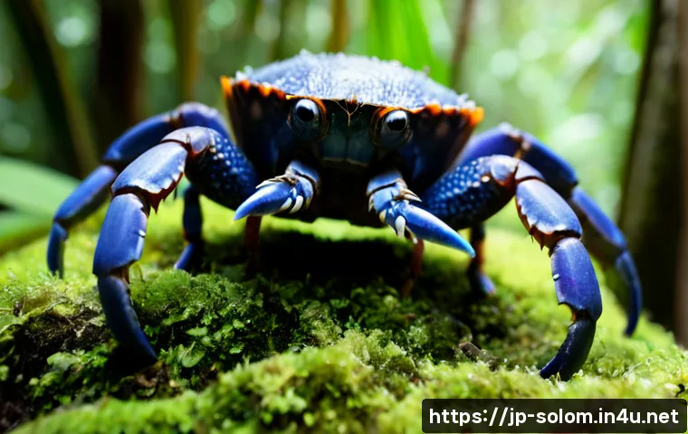 솔로몬 제도 코코넛 크랩 - Photorealistic coconut crab on a mossy tropical forest floor in the Solomon Islands, detailed blue-p...